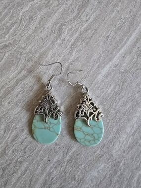 Turquoise Teardrop Dangle Earrings with Silver Filigree